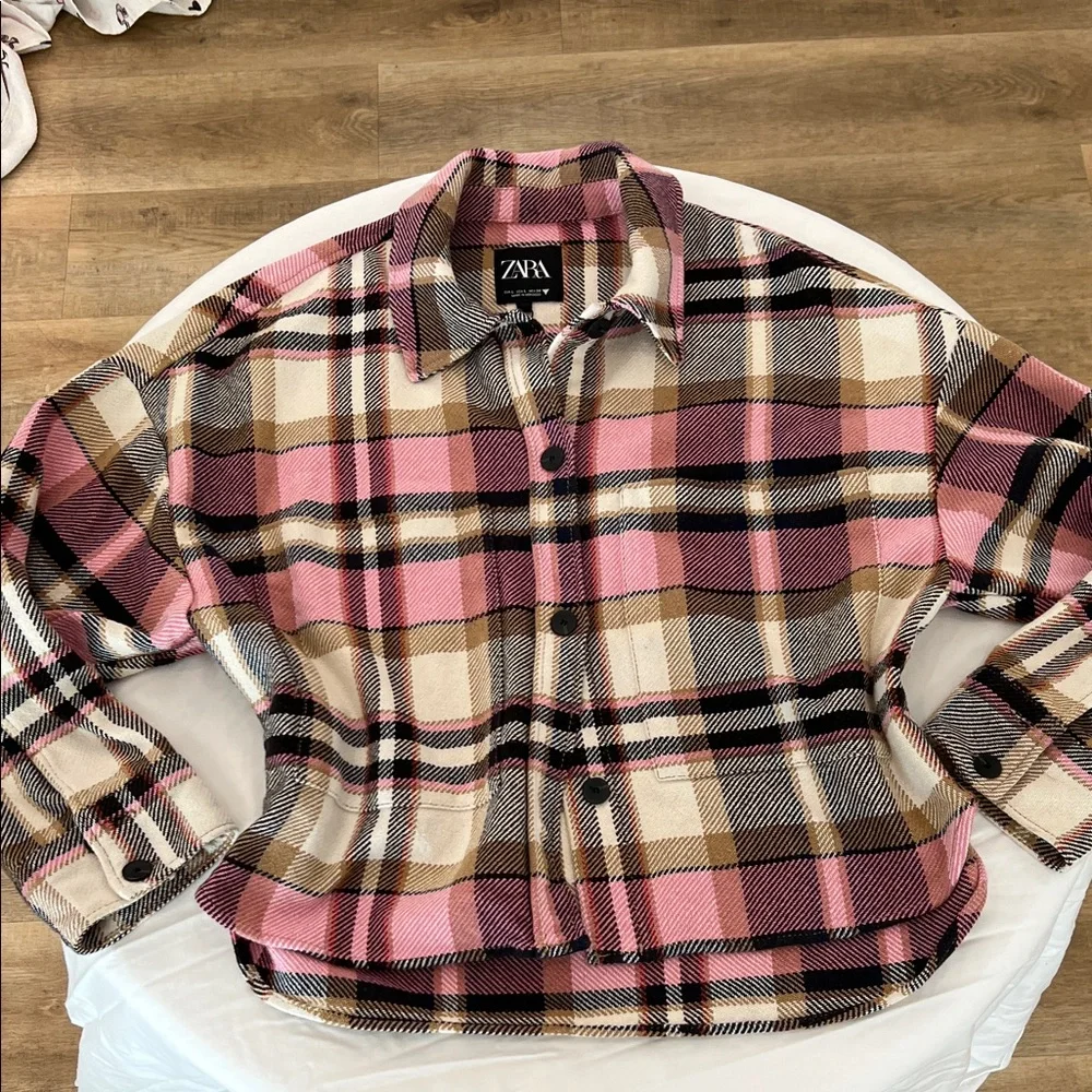 Zara Pink Tan Cream Plaid Button-Front Shacket